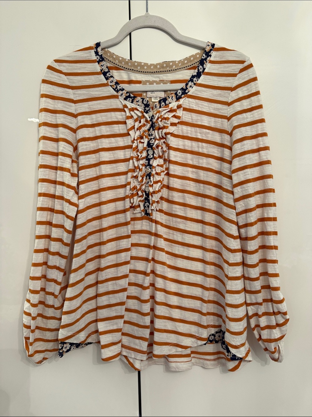 9-H15 Stcl Women’s Striped Ruffle Front Long-Sleeve Top - White & Rust
